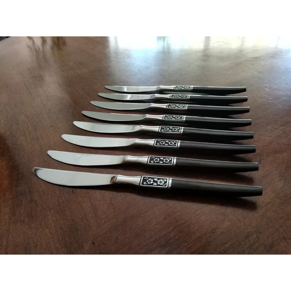Lot 8x Dinner Knives Ekco Eterna La Joya Stainless Faux Wood MCM EKS14 8.8